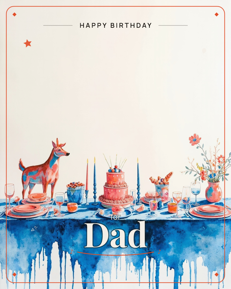 A watercolour birthday table is set with a two-tiered cake, lit taper candles, berries, wine glasses, and a vase of poppies, all watched over by a…, a birthday e-card design