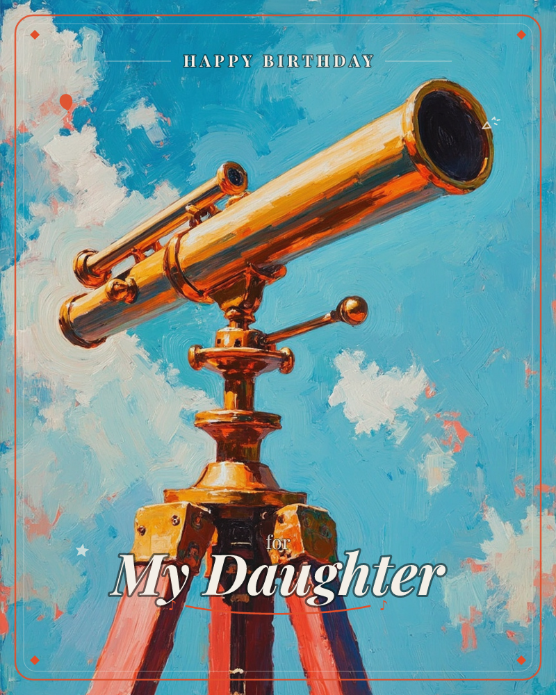 A brass telescope on a tripod tilts upward against a bright blue sky scattered with thick, sunlit clouds, a birthday e-card design