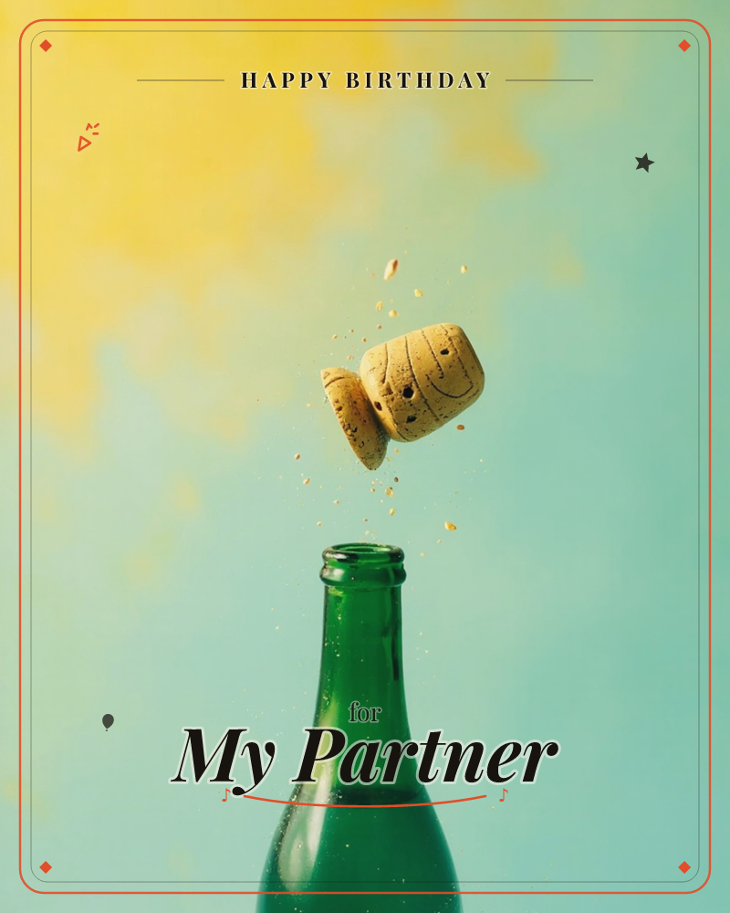 A green glass bottle fires its cork straight up, caught mid-flight with crumbs of cork scattering through the air, a birthday e-card design