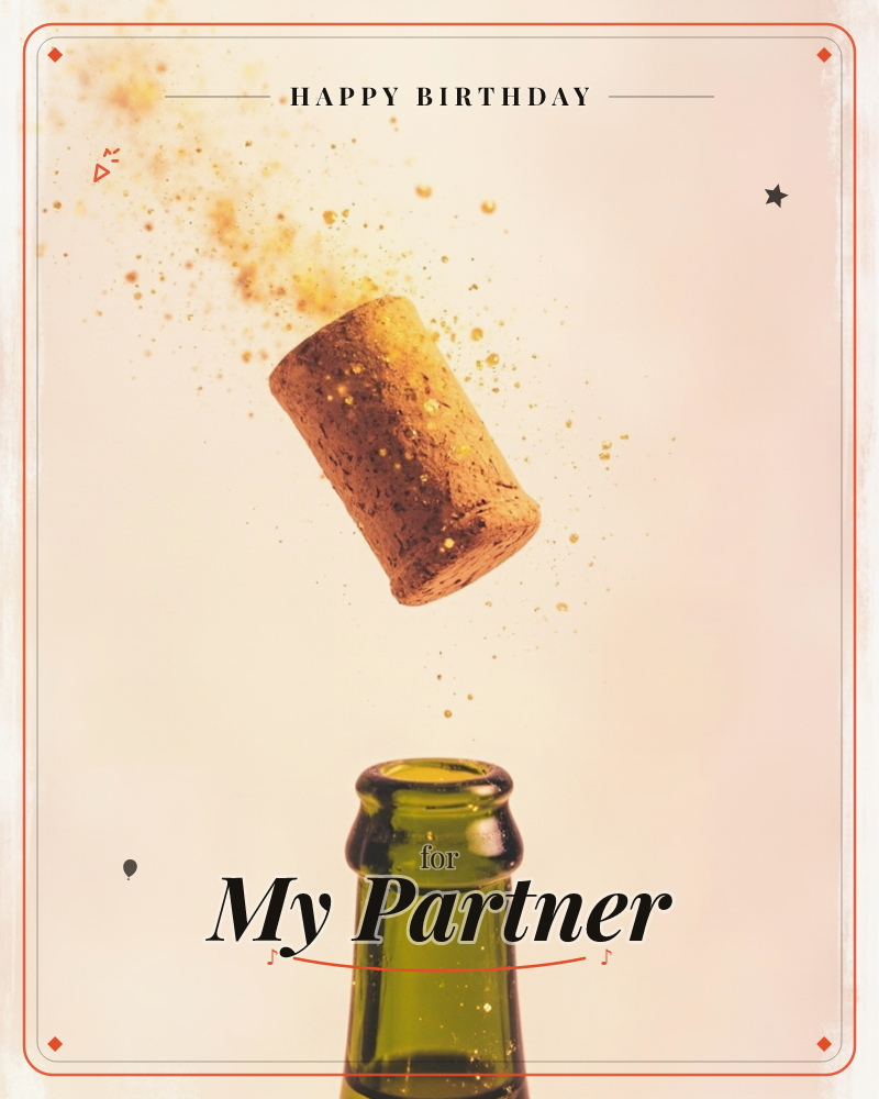 A champagne cork is frozen mid-pop, flying up from the dark green bottle neck below it, with a spray of golden droplets scattering through the warm…, a birthday e-card design