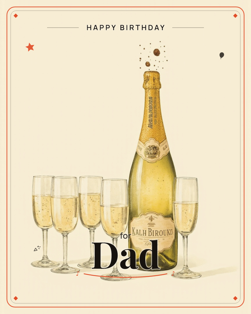 A tall green champagne bottle stands popped and fizzing, tiny bubbles and a cork frozen mid-air above its gold foil neck, surrounded by five slender…, a birthday e-card design