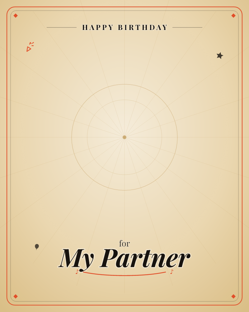 A minimal sepia-toned card centers on a faint compass-like design, two thin circles crossed by radiating lines meeting at a small golden dot, a birthday e-card design by @DittyCityTeam