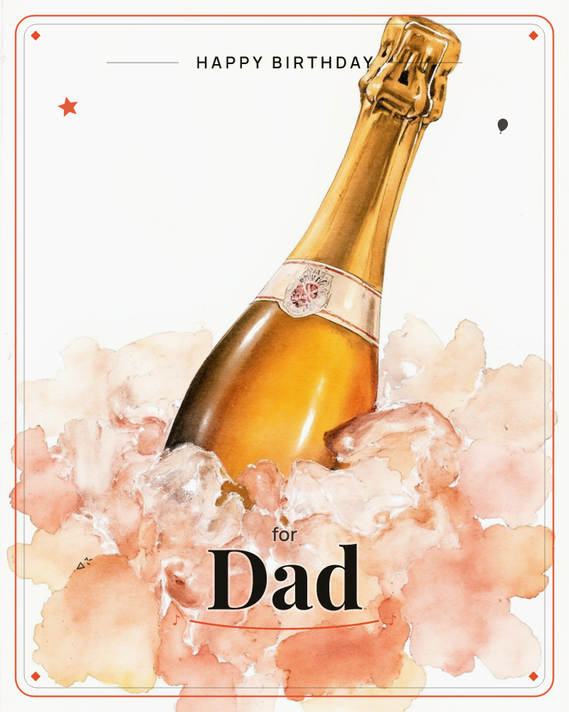 A golden champagne bottle tilts up from a bed of crushed ice, its foil-wrapped top catching a soft spotlight against a pale, cloudy background, a birthday e-card design