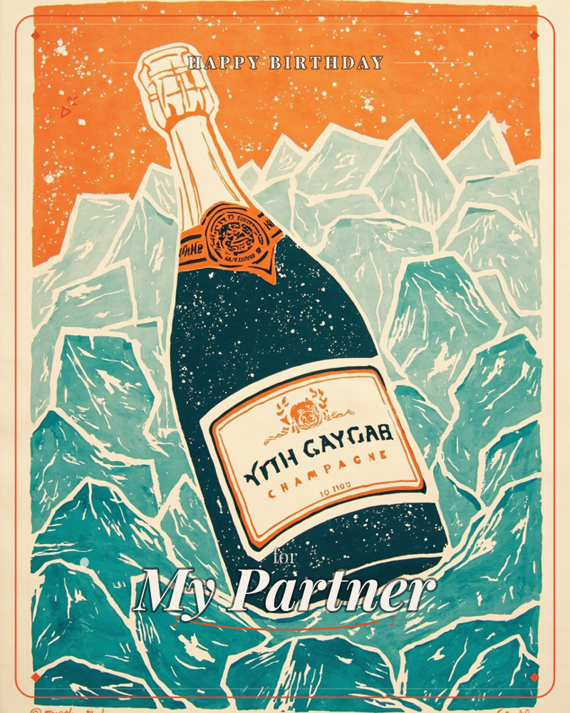 A tall bottle of champagne stands wedged among jagged icy peaks, its dark green glass and orange foil label bold against a burnt-orange starry sky, a birthday e-card design