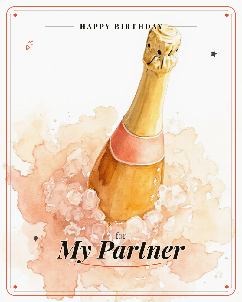 A watercolour bottle of champagne stands nestled in a bed of ice, its golden neck and pink label catching soft light against a loose peach and cream wash, a birthday e-card design