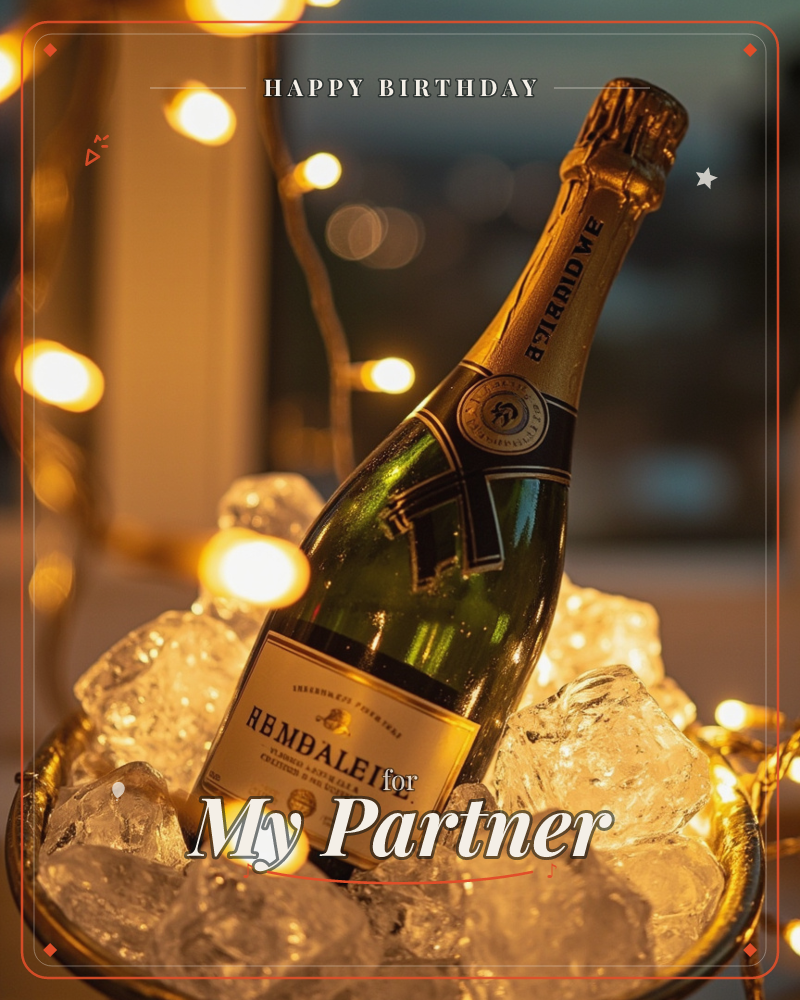 A dark green champagne bottle rests nestled in glinting ice cubes inside a metal bowl, warm string lights glowing softly out of focus behind it, a birthday e-card design