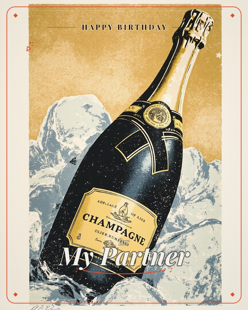 A dark bottle of champagne with a gold foil neck and label sits nestled in a bed of icy blue-white cubes, set against a warm mustard-gold backdrop, a birthday e-card design