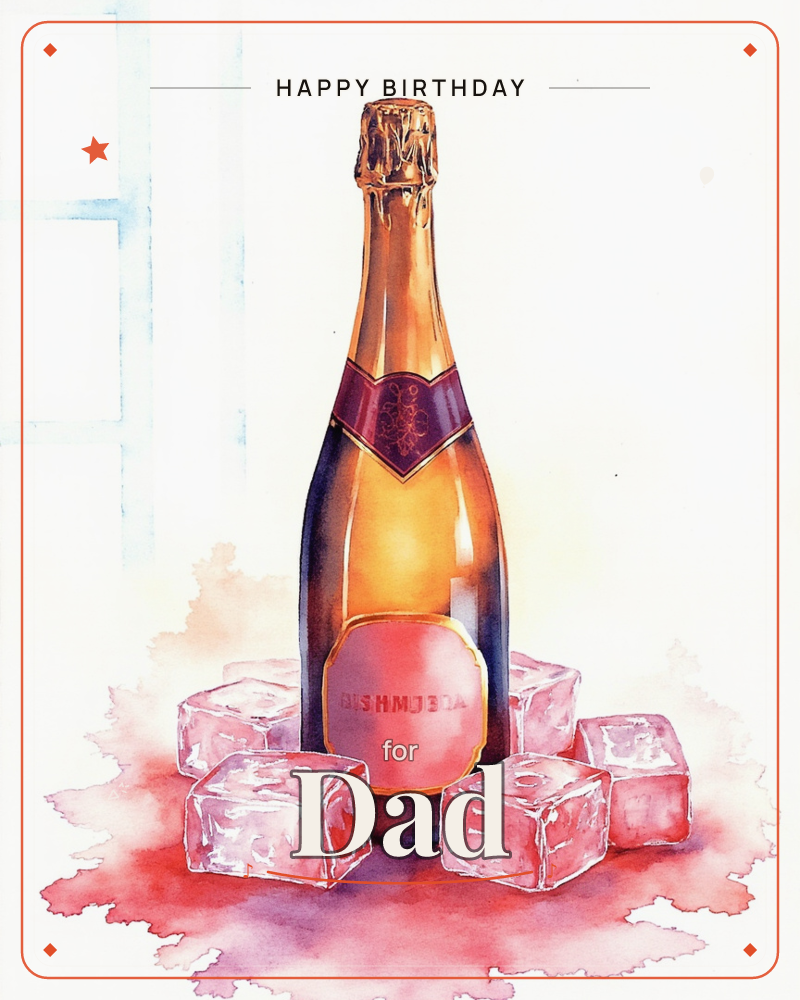 A watercolour champagne bottle glows amber against a soft blue window backdrop, its foil top catching the light above a burgundy label, a birthday e-card design