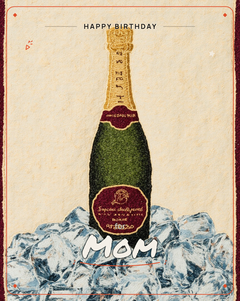 A green champagne bottle with a gold foil neck and burgundy label stands upright in a bed of chunky ice cubes, all rendered in a richly textured…, a birthday e-card design
