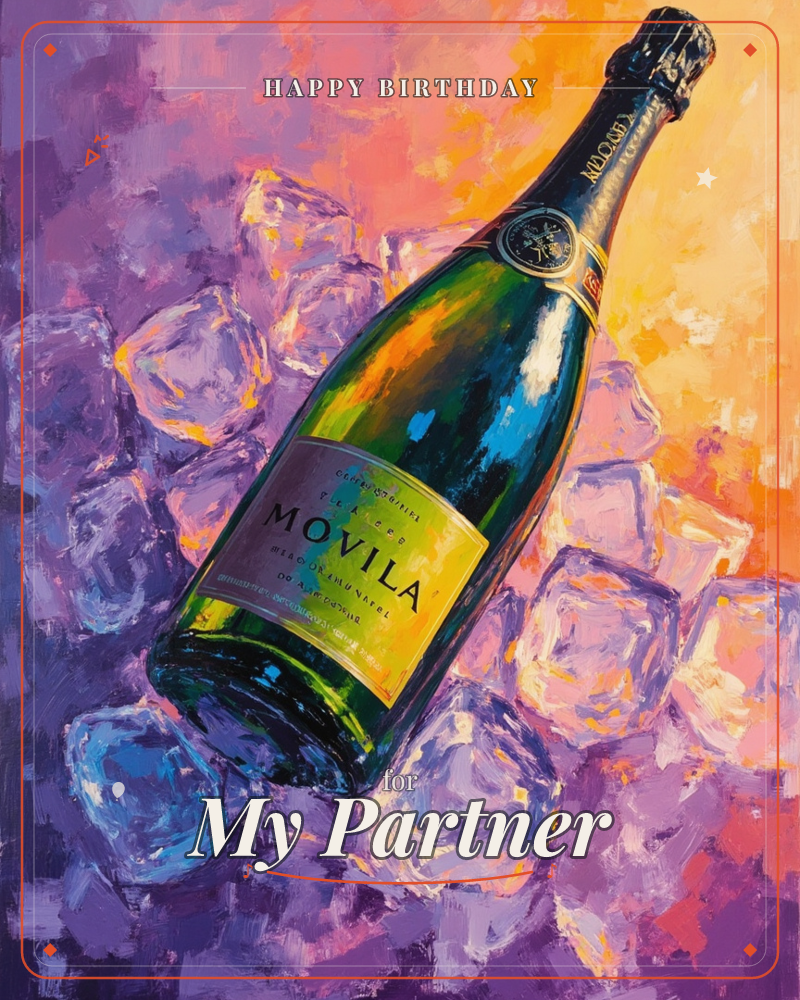 A dark green champagne bottle labelled 'Movila' lies nestled among glossy ice cubes, painted in loose, vibrant brushstrokes, a birthday e-card design