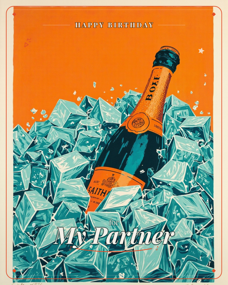 A champagne bottle with an orange and dark teal label leans out of a heaped pile of angular ice cubes, set against a bold flat orange background, a birthday e-card design