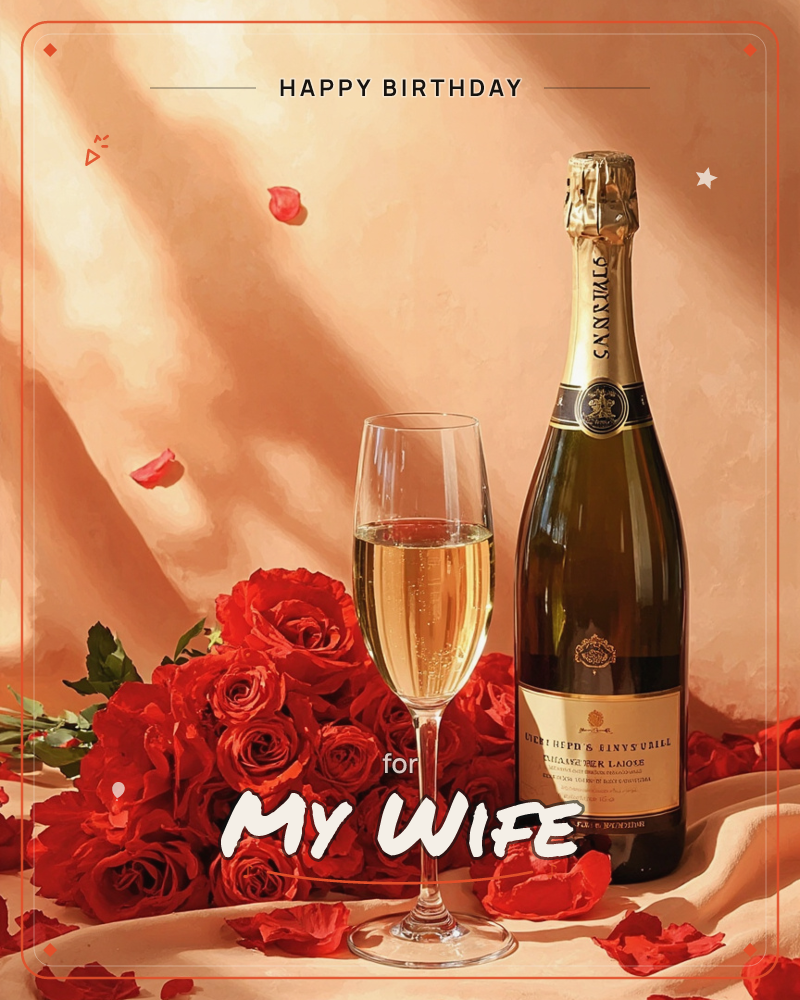 A bottle of champagne and a filled flute stand beside a lush bunch of red roses on a peach silk cloth, with loose petals scattered around and drifting…, a birthday e-card design