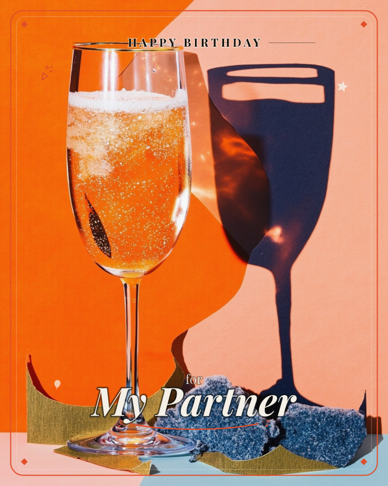 A champagne flute filled with fizzing gold liquid stands against a bold split background of burnt orange and peach, casting a sharp navy shadow across…, a birthday e-card design