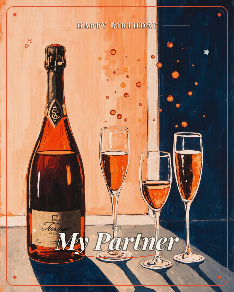 A painted still life shows a dark champagne bottle standing beside three filled flutes on a tabletop, set against a wall split between peach and deep navy, a birthday e-card design