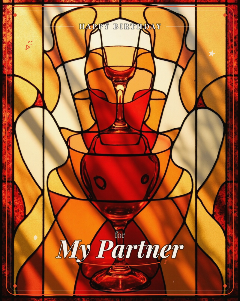 A wine glass filled with deep red wine sits at the center of a stained-glass composition, its curves echoed by fanning panes of amber, gold, and ivory…, a birthday e-card design