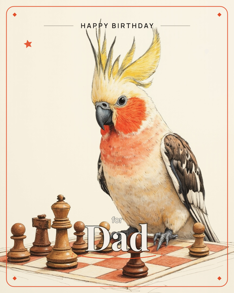 A cockatiel with a bright orange cheek patch and a spiky yellow crest perches among the pieces of a wooden chessboard, one clawed foot resting between…, a birthday e-card design