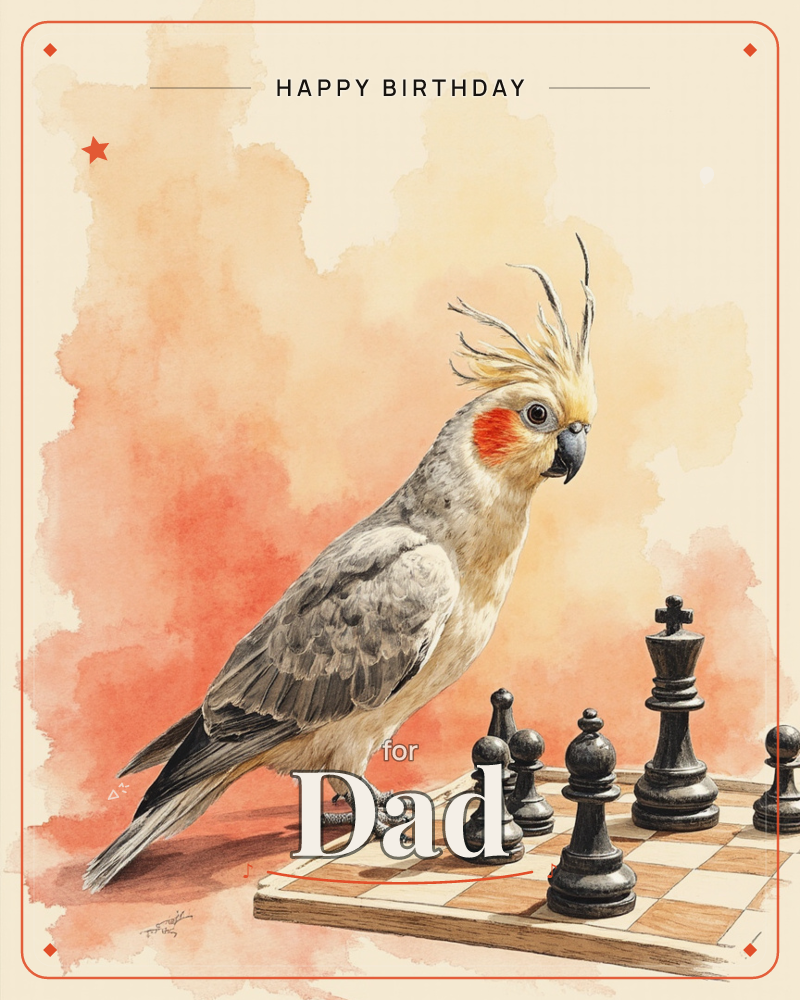 A cockatiel with a bright orange cheek patch and a tall curling crest perches at the edge of a chessboard, eyeing the black pieces gathered in front of it, a birthday e-card design