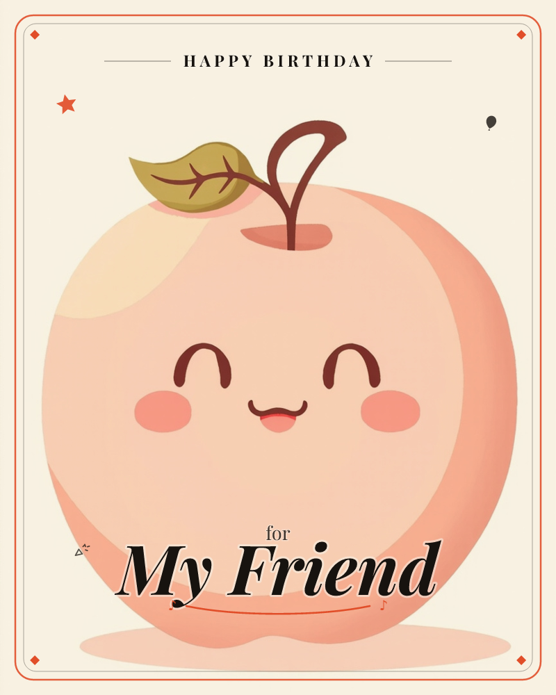 A big blushing peach with a happy cartoon face sits front and centre, its little olive-green leaf and curled stem sprouting from the top like a tiny hat, a birthday e-card design