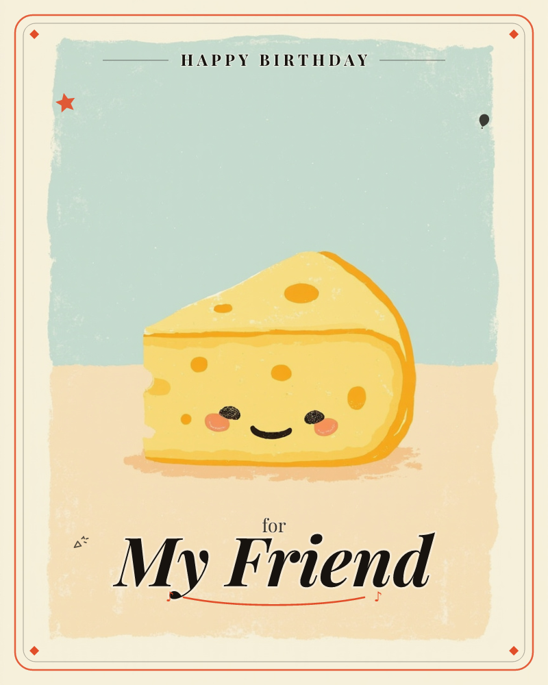A wedge of yellow cheese with rounded holes sits smiling on a soft peach tabletop, its rosy cheeks and closed happy eyes giving it real personality, a birthday e-card design
