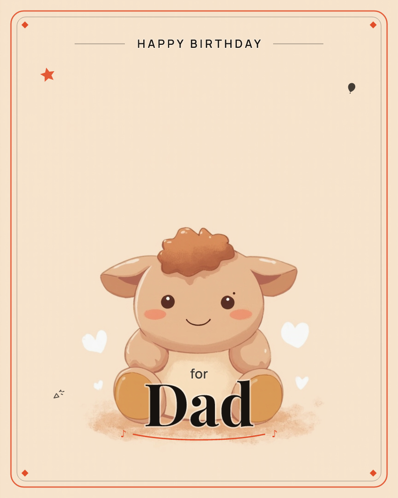 A round, plump little lamb sits alone on a soft peach background, its curly brown topknot and blushing cheeks giving it a sweet, cuddly look, a birthday e-card design