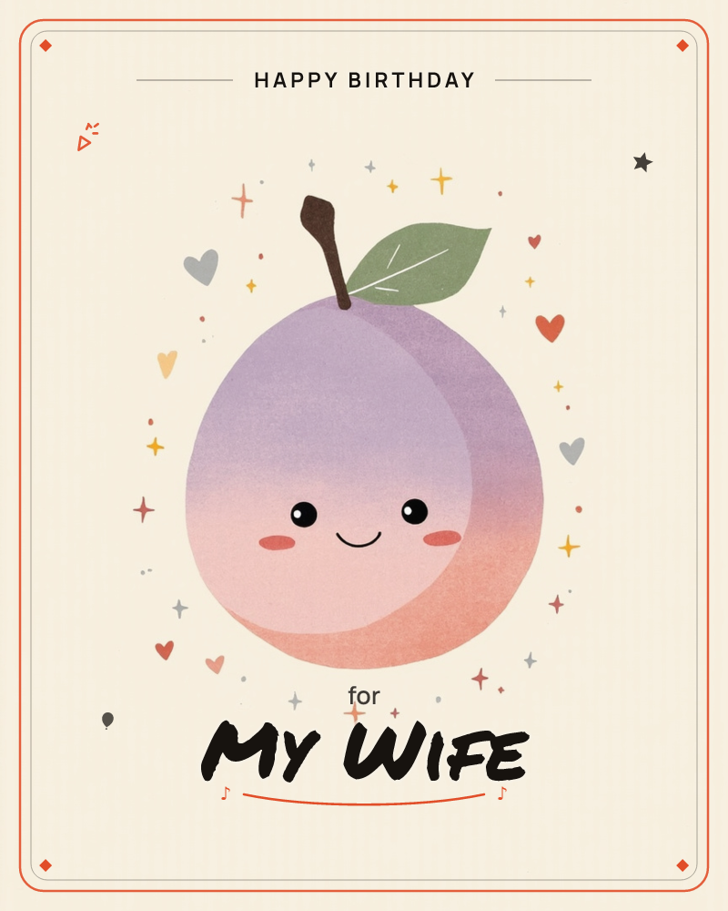 A single plum with a smiling face and rosy cheeks sits at the centre of a cream background, its skin shading from dusty purple at the top to soft peach…, a birthday e-card design