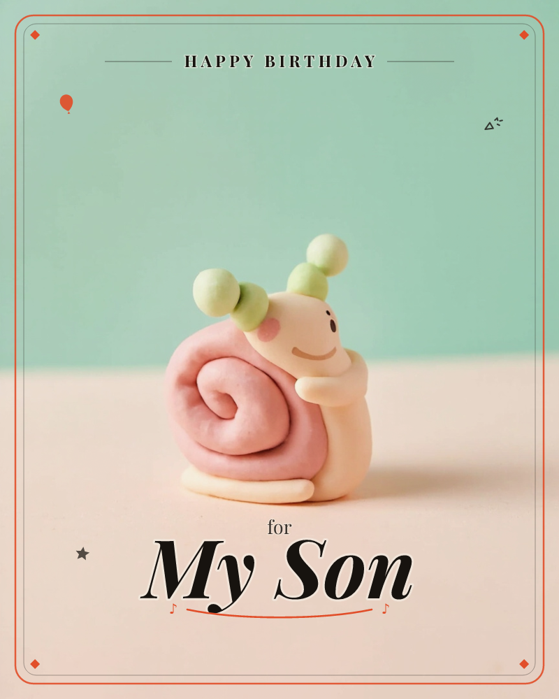 A tiny clay snail with a swirled pink shell and a smiling cream-coloured face sits on a soft peach surface against a mint green background, a birthday e-card design