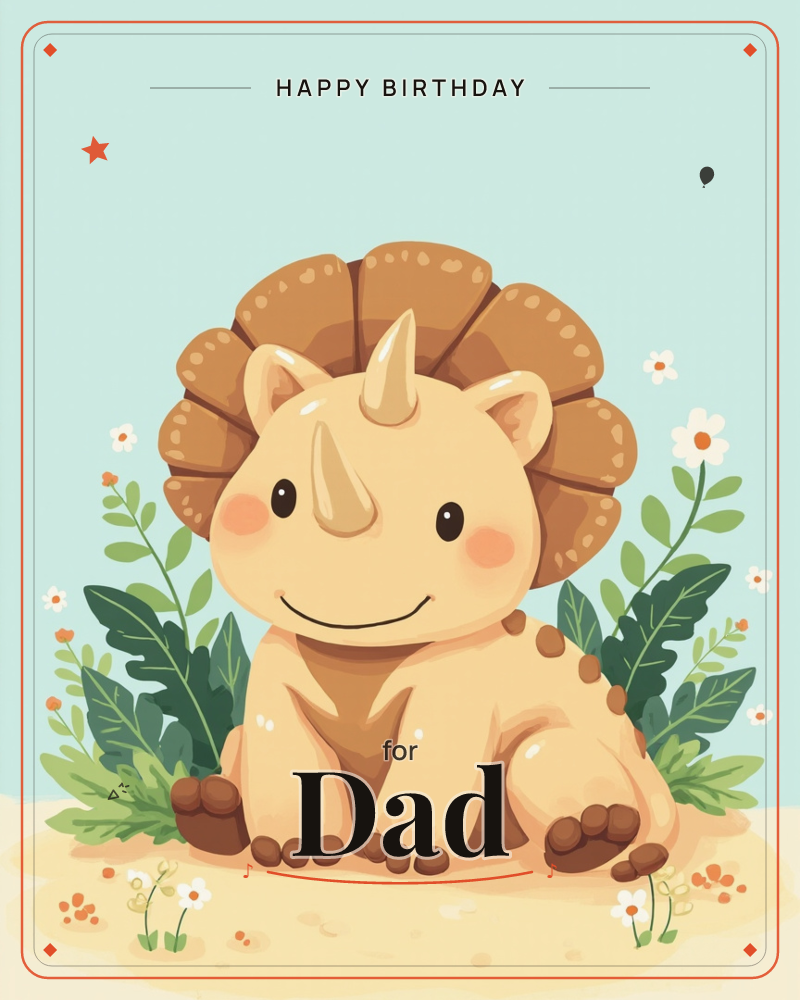 A rounded baby triceratops sits smiling on sandy ground, its brown frill and small horn glowing warmly against a soft mint-blue sky, a birthday e-card design