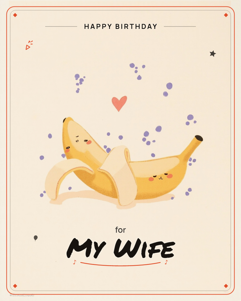 A single peeled banana with two blushing cartoon faces curls into itself as if hugging its own peel, with a small coral heart floating above it, a birthday e-card design