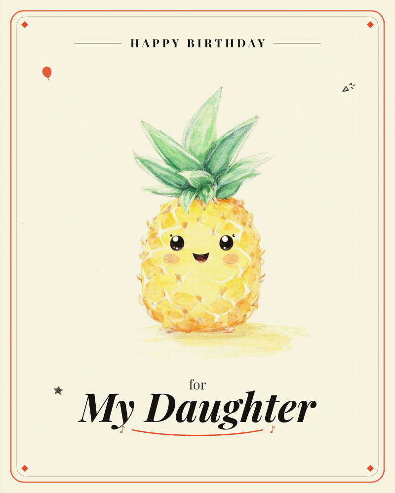 A single cheerful pineapple sits front and centre on a plain cream background, its spiky green crown fanned out above a round golden body dotted with…, a birthday e-card design