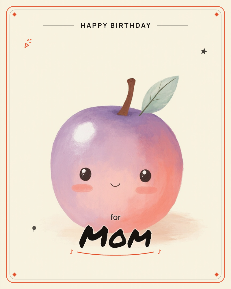 A single plump apple with a purple-to-peach gradient sits centre stage, given a sweet cartoon face with rosy cheeks and a small closed smile, a birthday e-card design