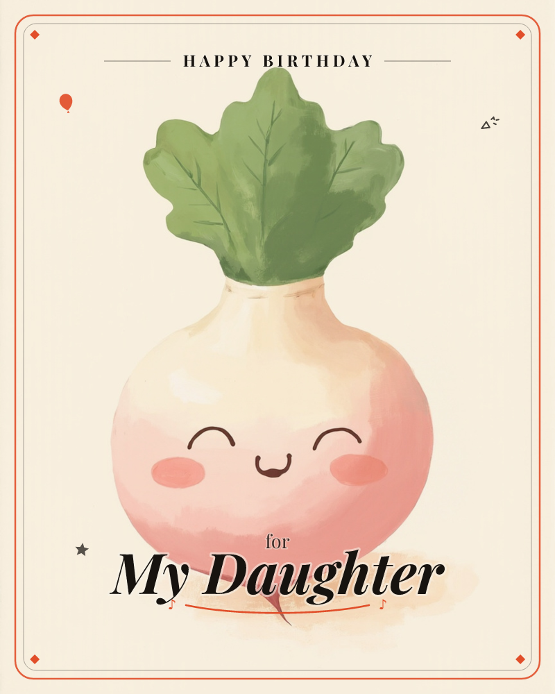 A single round radish sits centre-stage against a soft cream background, its pink-and-white body topped with three big green leaves, a birthday e-card design
