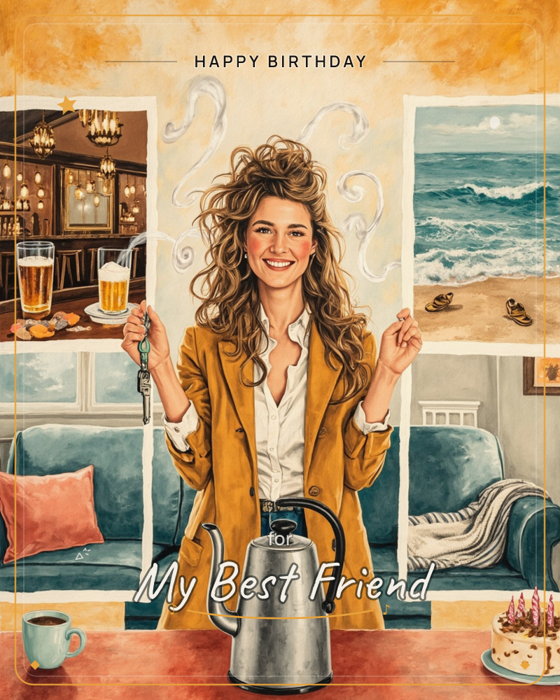 A woman grins wide with keys jangling, framed by daydreams of tavern lights, ocean waves, and candlelit cake steaming warm against a golden afternoon, a birthday e-card design