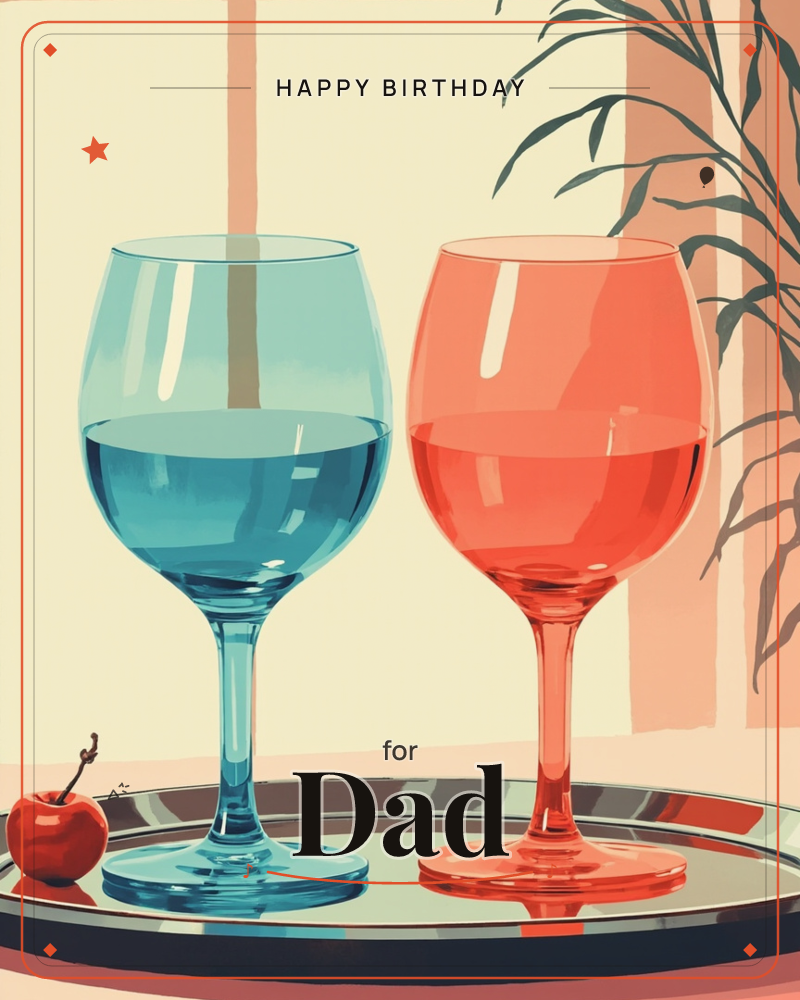 Two glossy stemmed glasses, one filled with teal liquid and one with coral, stand side by side on a round mirrored tray beside a single red apple, a birthday e-card design
