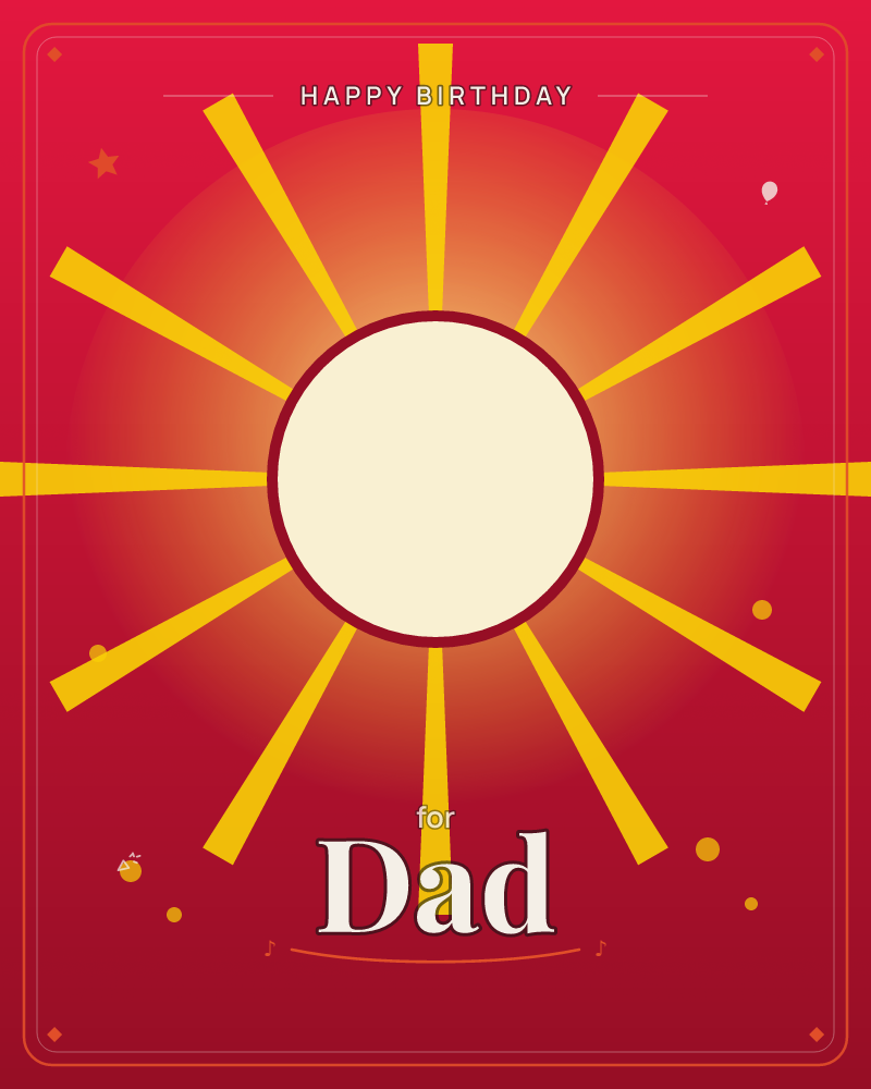A radiant sun sits at the centre of the card, its pale cream disc ringed in deep maroon and throwing out gold rays of alternating length against a…, a birthday e-card design by @DittyCityTeam