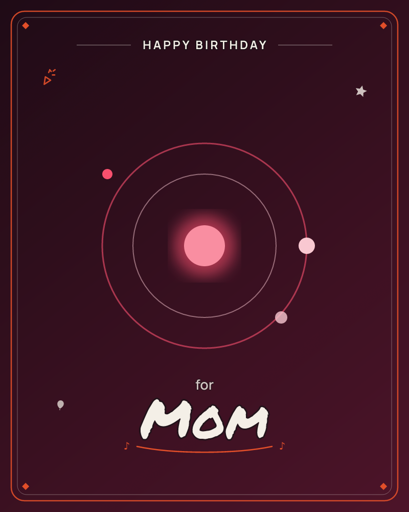 A glowing pink orb sits at the centre of two concentric orbit rings against a deep maroon-black void, with three small satellite dots caught…, a birthday e-card design by @DittyCityTeam