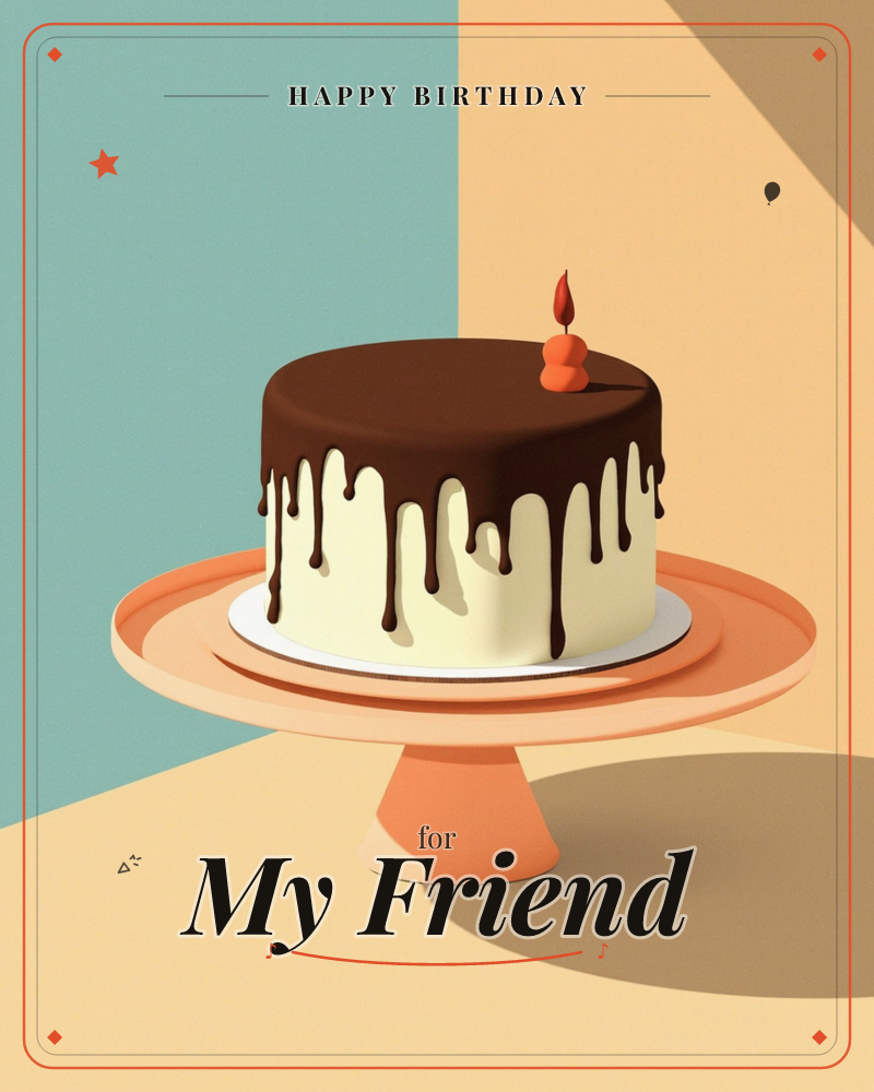 A single round cake sits on a peach-coloured pedestal stand, its cream sides dripping with thick chocolate ganache and topped with one lit candle, a birthday e-card design