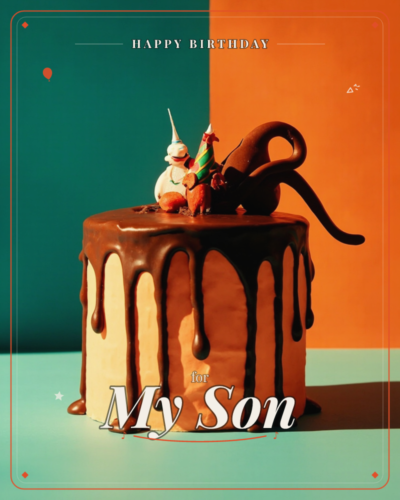 A caramel-toned drip cake sits against a two-tone backdrop split between teal and burnt orange, its chocolate glaze pooling into thick drips down the…, a birthday e-card design
