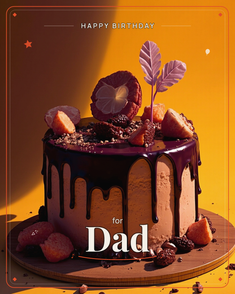 A round layer cake sits on a wooden board against a bold mustard-orange backdrop, its pale caramel frosting draped in glossy dark chocolate drips, a birthday e-card design