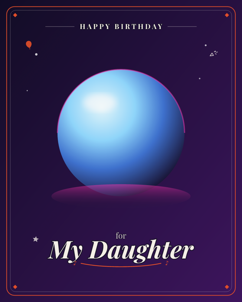 A glowing blue orb floats against a deep purple night sky, its surface rimmed in a thin magenta glow and casting a soft violet shadow beneath it, a birthday e-card design by @DittyCityTeam