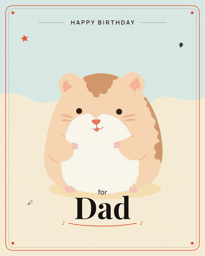 A round, cheerful hamster sits front and centre against a soft pale-blue sky and sandy-cream hill, its little pink paws resting on its own fluffy white…, a birthday e-card design