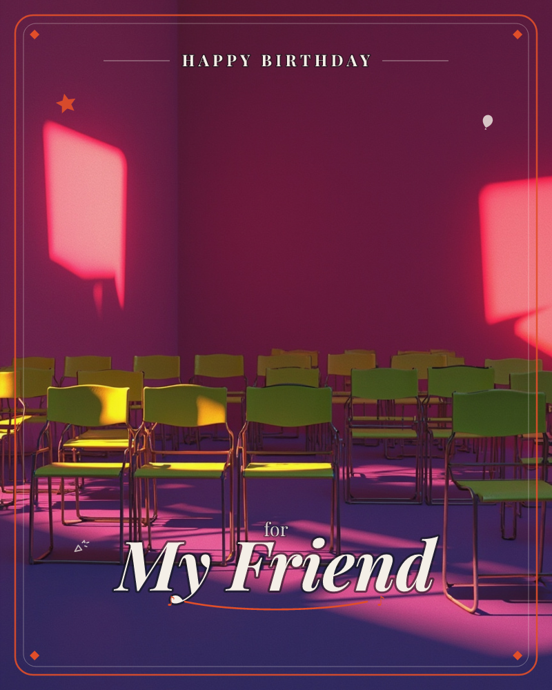 A rendered room glows deep magenta and violet, filled with rows of empty green chairs on slim metal frames, a birthday e-card design