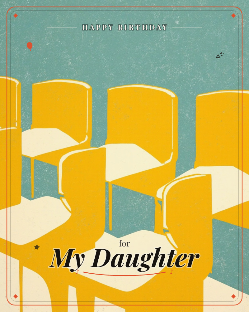 Rows of empty mustard-yellow chairs are printed in bold flat shapes against a textured teal-green background, their cream seats catching an even…, a birthday e-card design