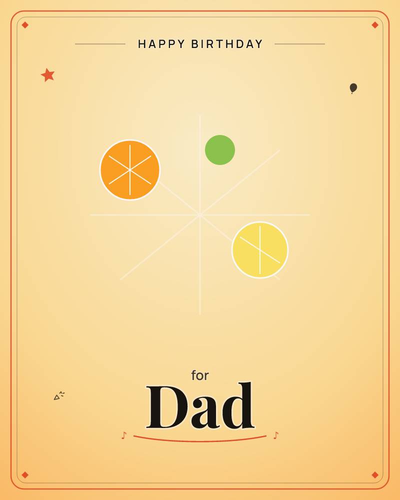 A warm amber-toned card with a faint sunburst of pale lines radiating from a central point, overlaid with simple flat shapes resembling citrus slices, …, a birthday e-card design by @DittyCityTeam
