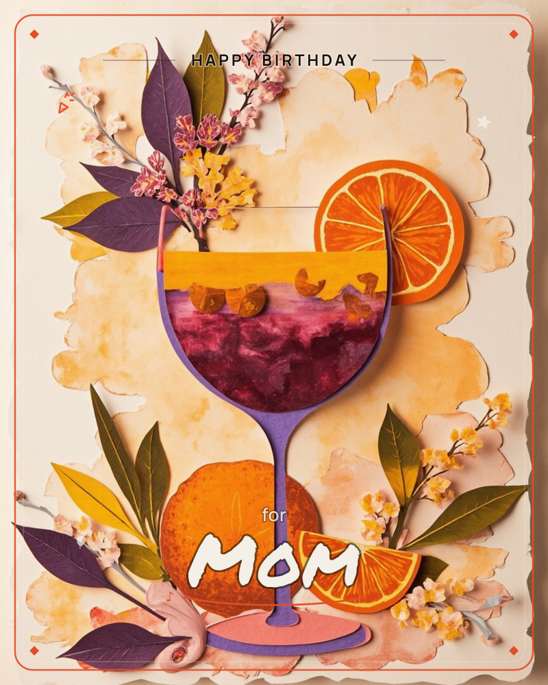 A layered paper-cut illustration shows a wine glass filled with a rich purple-red drink and ice cubes, topped with a spray of leaves and blossom…, a birthday e-card design