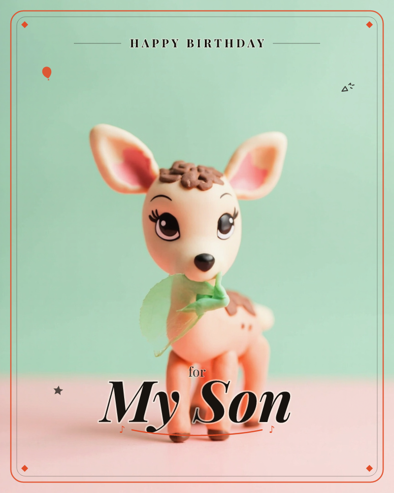 A tiny clay-look fawn figurine stands on a pastel pink surface against a mint green backdrop, holding a small green leaf in its mouth, a birthday e-card design