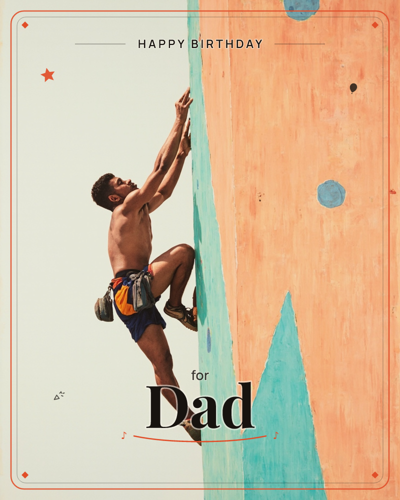 A man in climbing shorts stretches up a peach-toned rock face edged with a jagged mint-green outline, his gear clipped at his hip and his eyes fixed on…, a birthday e-card design