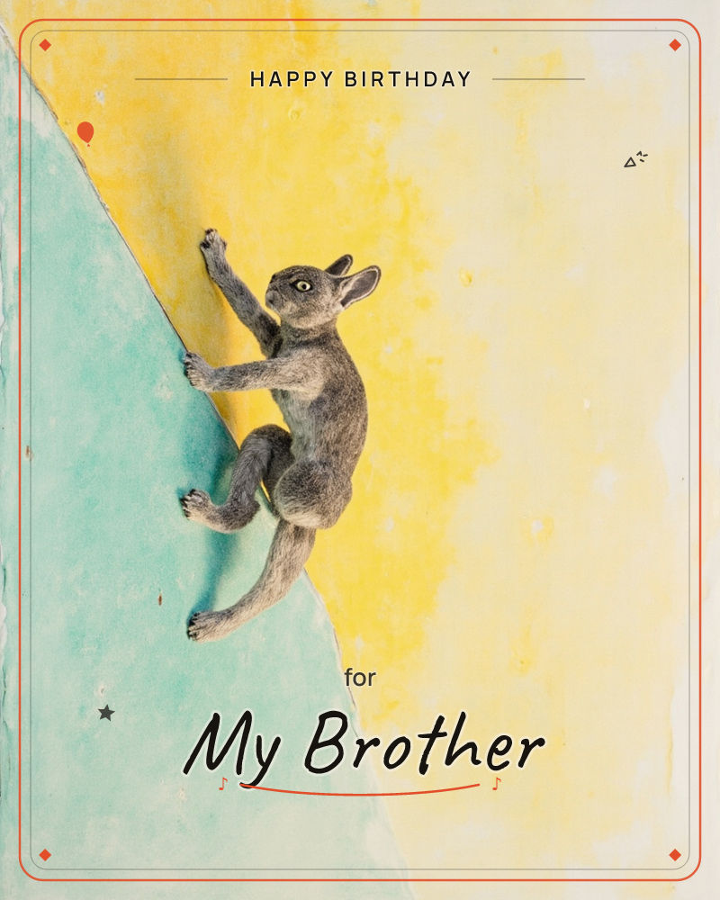 A grey rabbit clings and climbs along a diagonal seam where a mint-green painted surface meets a warm yellow one, its claws gripping the edge as if…, a birthday e-card design