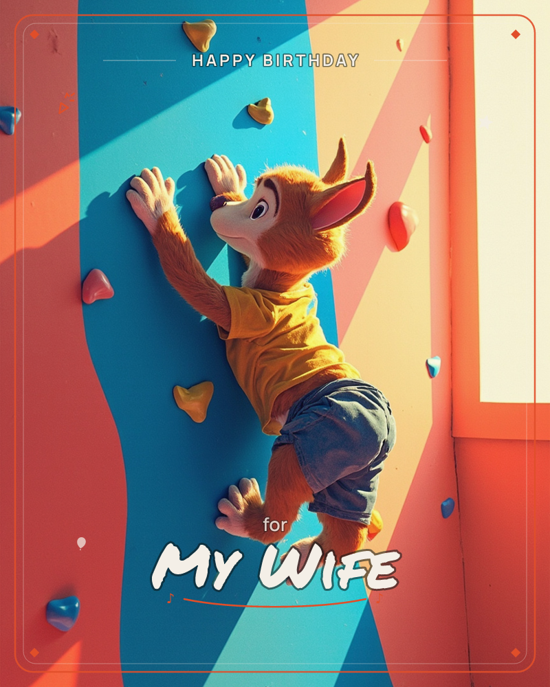 A cartoon fox character in a yellow shirt and denim shorts scales a brightly striped climbing wall, gripping colourful heart-shaped and pebble-shaped…, a birthday e-card design