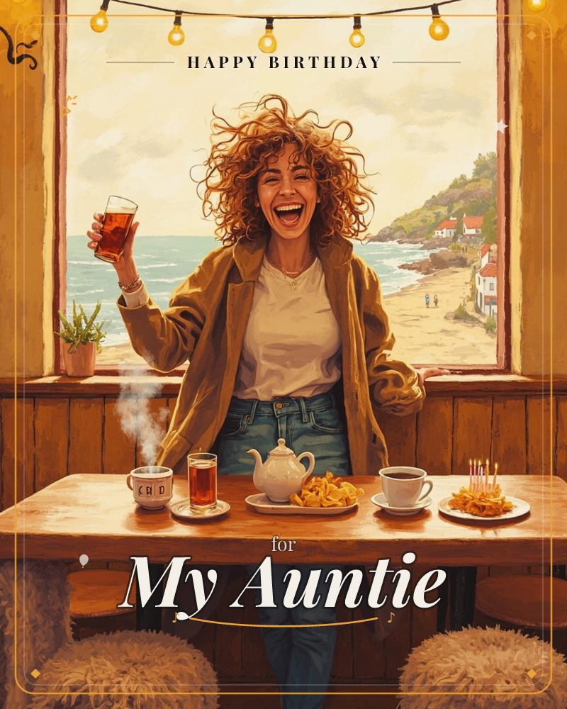 A woman laughs and raises her glass at a sunlit seaside café table glowing with candlelight, steam, and string lights, a birthday e-card design