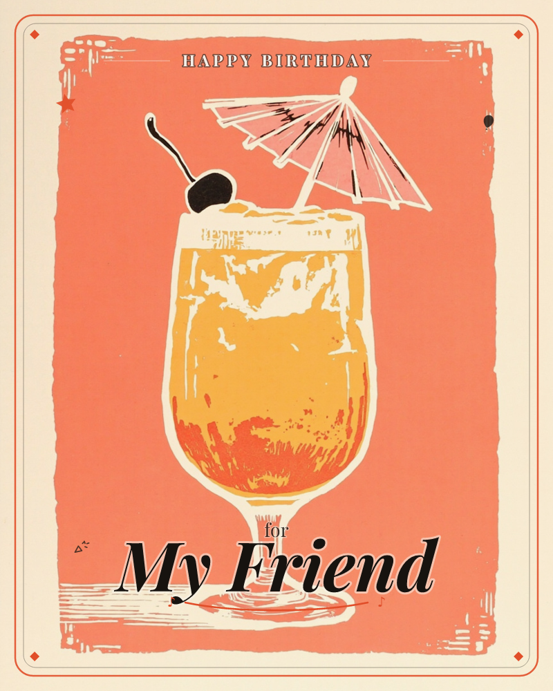 A tall glass of orange cocktail sits against a warm coral-red background, topped with a dark cherry and a paper cocktail umbrella, a birthday e-card design